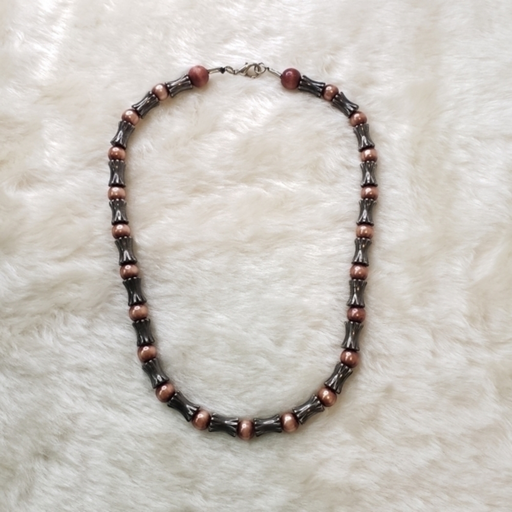 PEWTER Barrel Bead Faux Pearl Chunky Necklace Antiqued Silver Tones